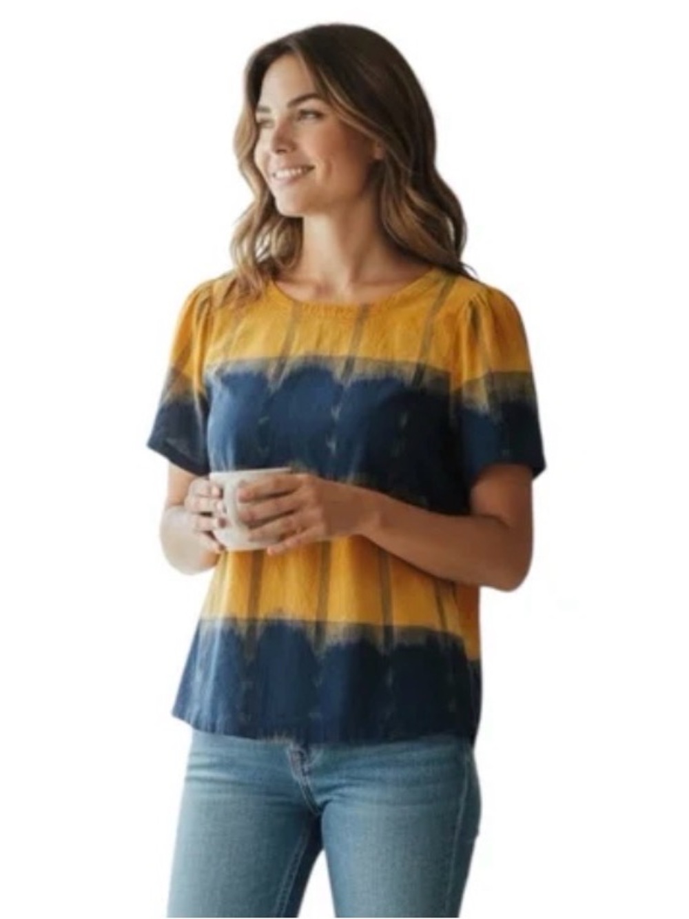 LOFT Woman’s Gold and Navy Short Sleeve Tie Back Top size XS
